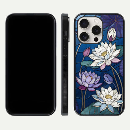 Purple Lotus Stained Glass Case for iPhone 15 Pro Max front & back layout showing bright tones and smooth edge finish