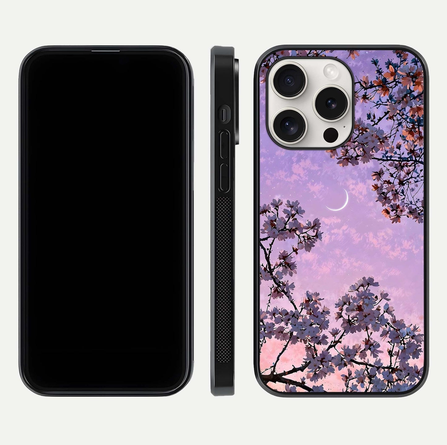 Purple Serenity Moon Glass Case for iPhone 15 Pro Max front & back layout highlighting celestial tones and curves