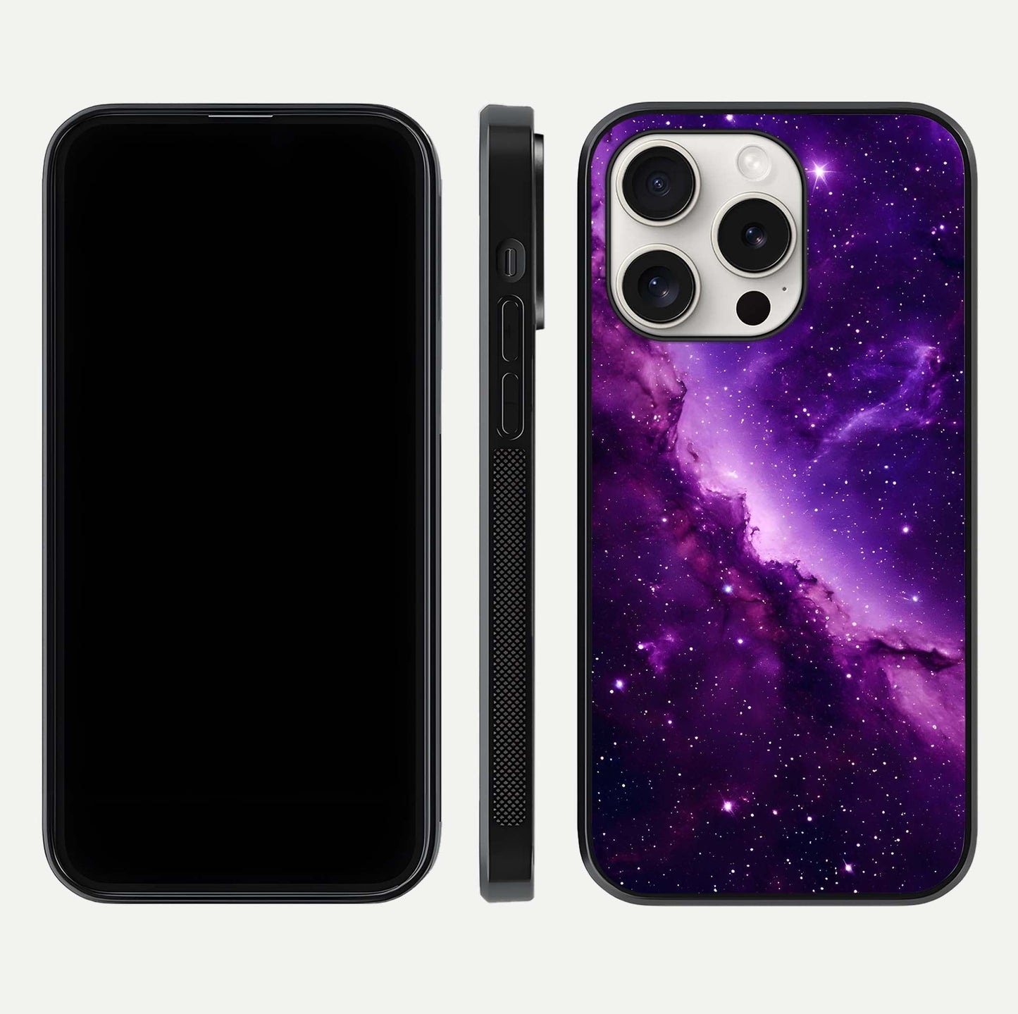 Purple Shade Sky Glass Case for iPhone 15 Pro Max front & back layout showing HD tones and clean glass edges