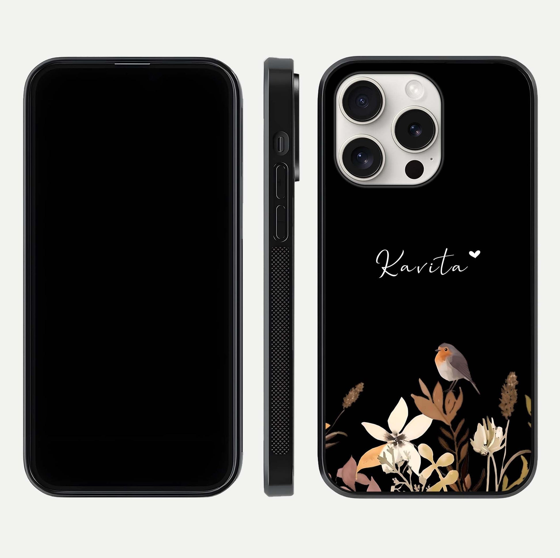 Quiet Garden Tune Custom Name Glass Case for iPhone 15 Pro Max front & back layout highlighting name area and edges