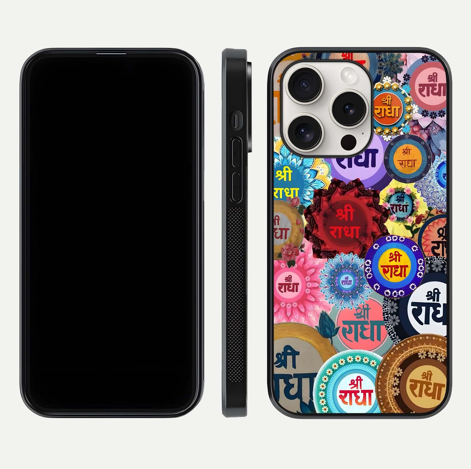 Radha Divine Bloom Glass Case for iPhone 15 Pro Max front & back layout showing spiritual tones and elegant edges