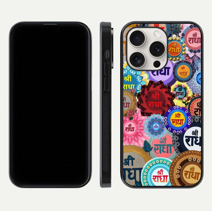 Radha Divine Bloom Glass Case for iPhone 15 Pro Max front & back layout showing spiritual tones and elegant edges