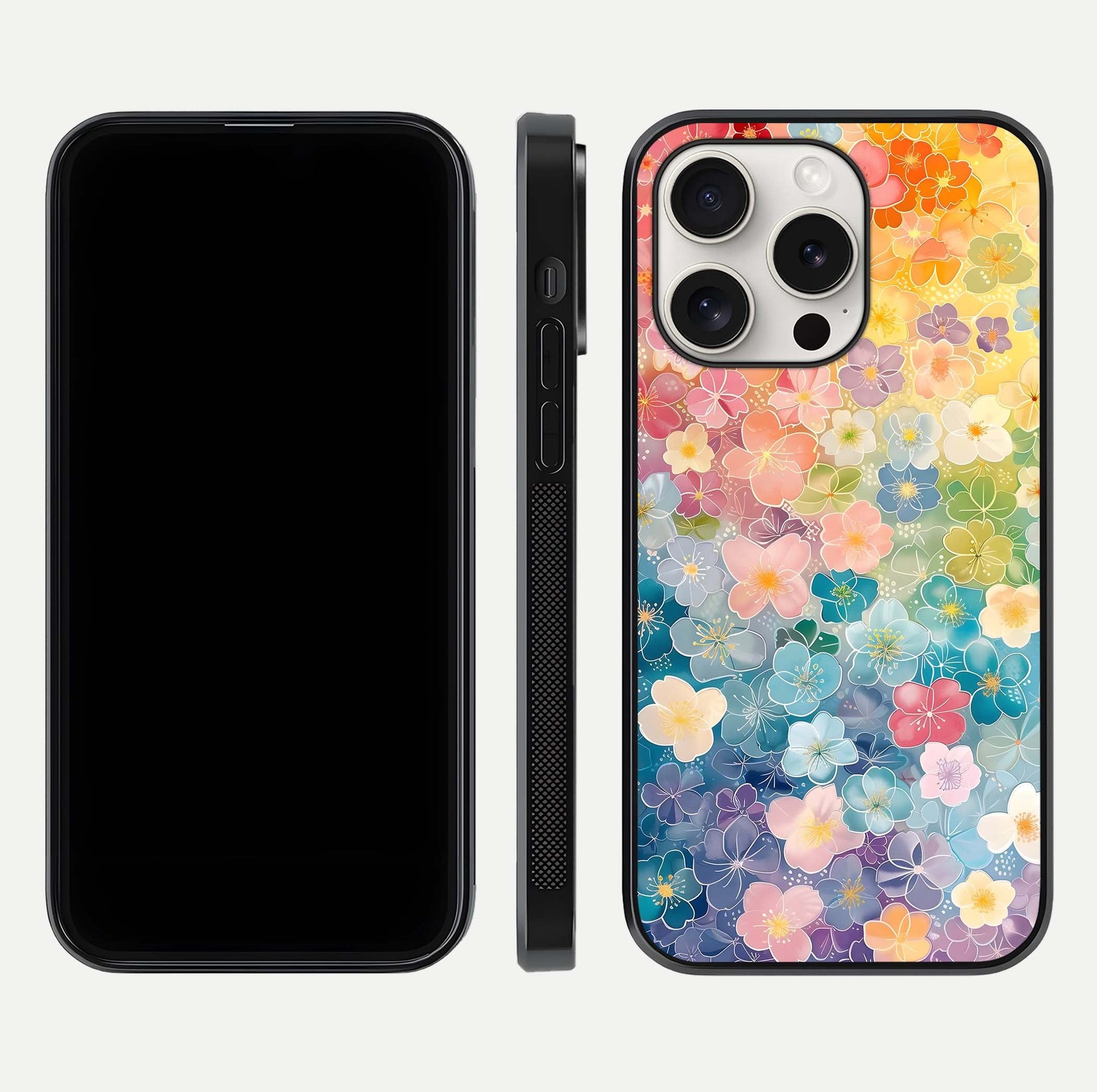 Rainbow Blossom Burst Glass Case for iPhone 15 Pro Max front & back layout showing bright tones and edge finish