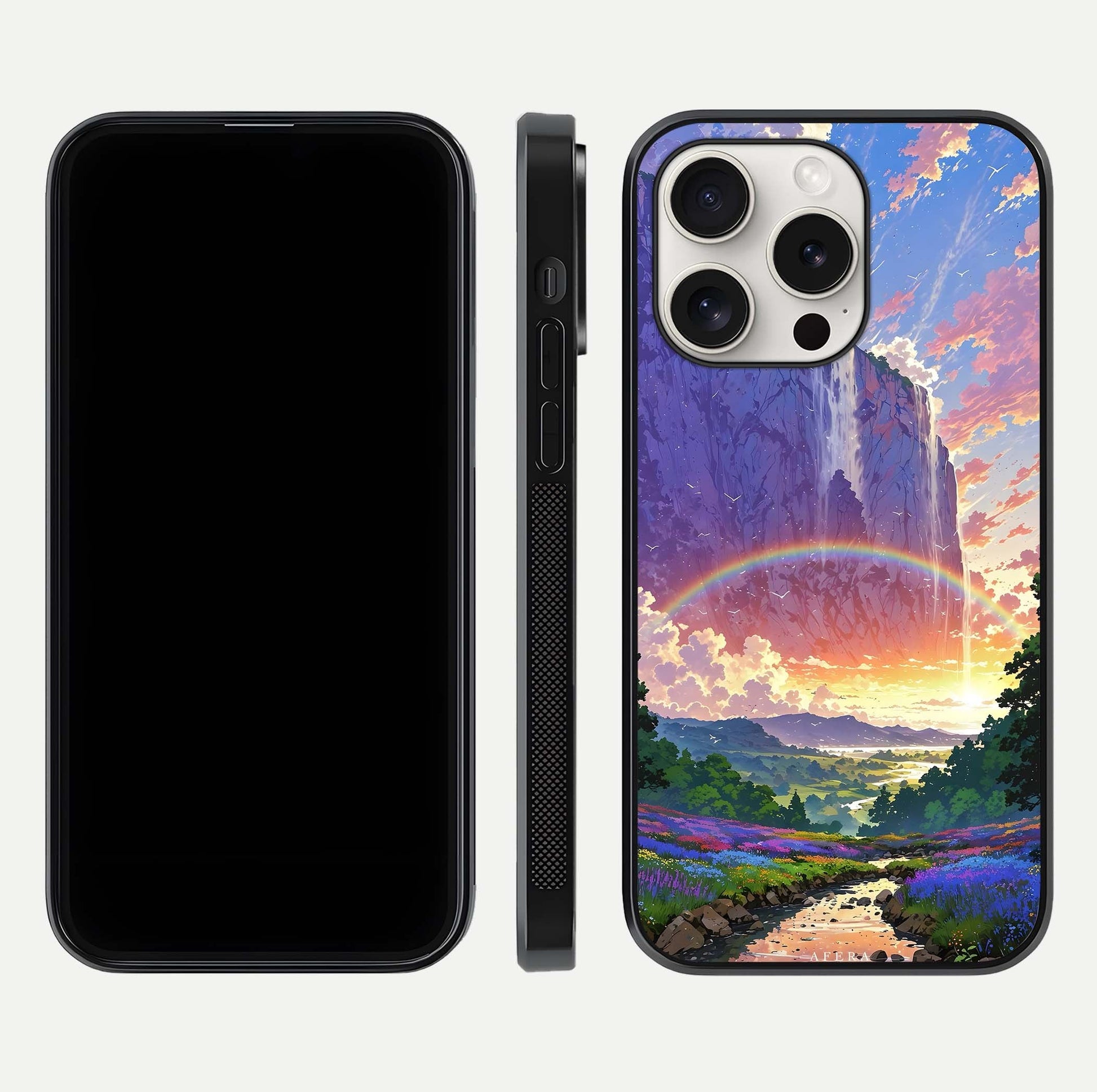 Rainbow Valley Dream Glass Case for iPhone 15 Pro Max front & back layout showing smooth color blend and curved edge