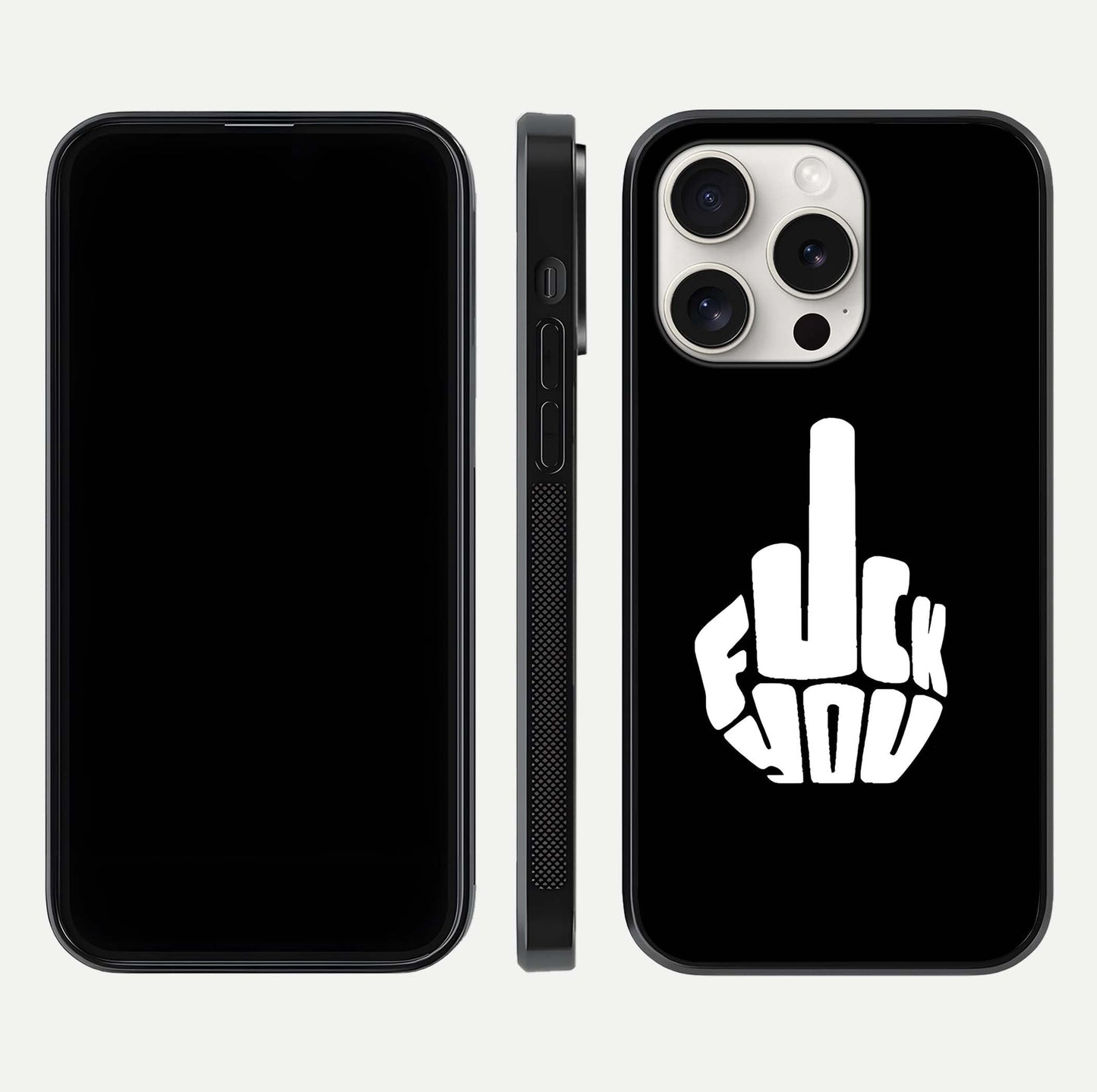 Rebel Mode On Glass Case for iPhone 15 Pro Max front & back layout showing minimal tone and clean edge fit