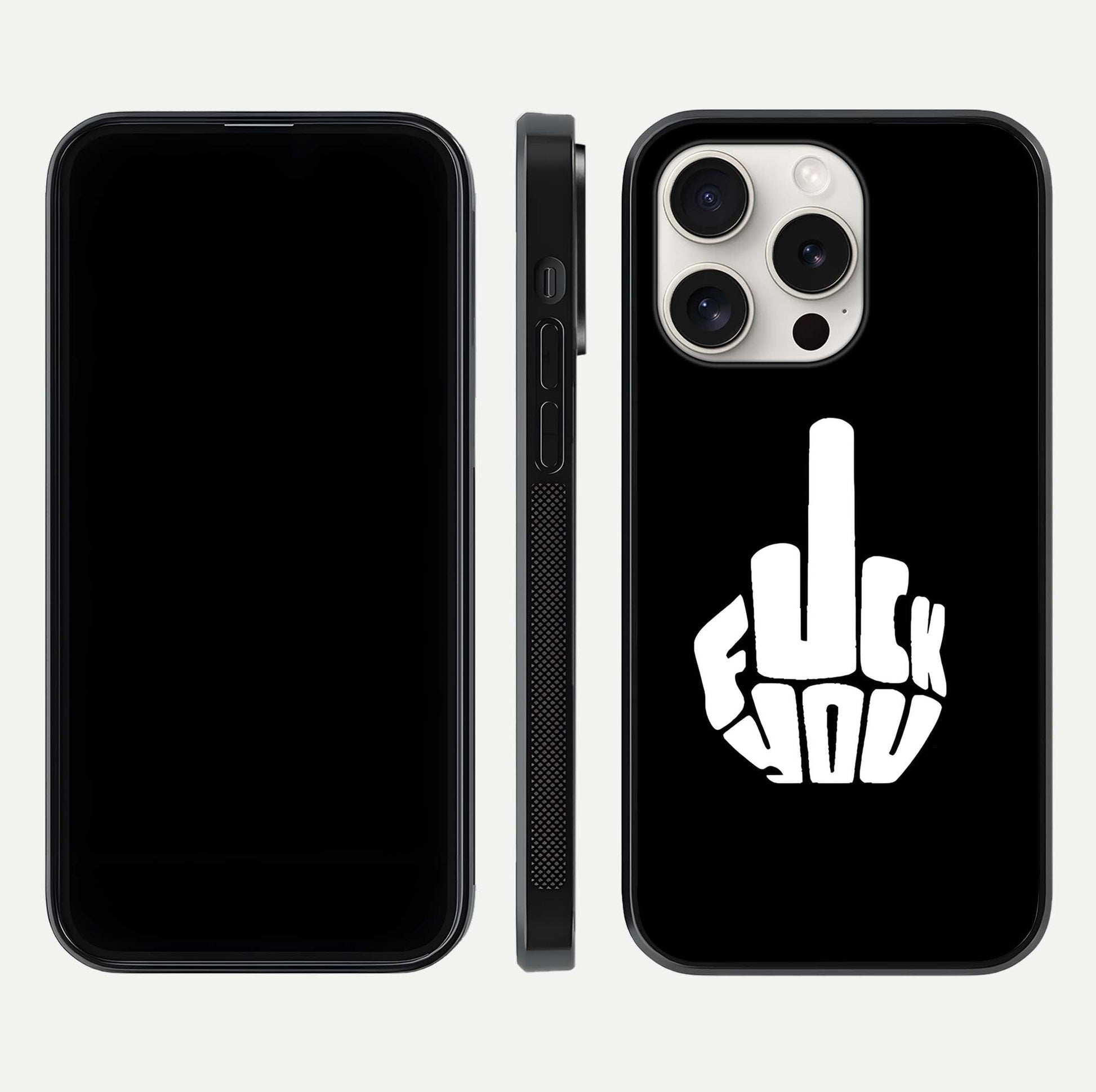 Rebel Mode On Glass Case for iPhone 15 Pro Max front & back layout showing minimal tone and clean edge fit