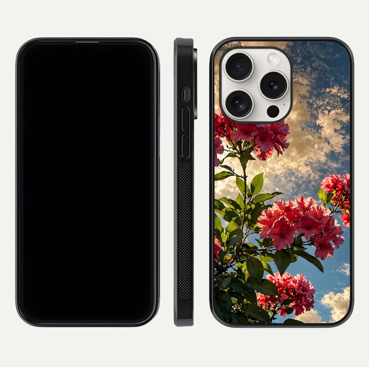 Red Bloom Skies Glass Case for iPhone 15 Pro Max front & back layout showing soft gradient sky tones and edges