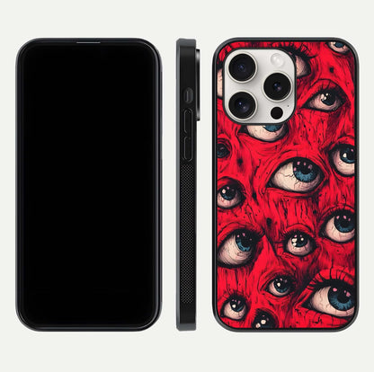 Red Eyes Pattern Glass Case for iPhone 15 Pro Max front & back layout showing sharp edge finish and design depth