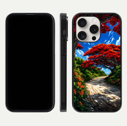 Red Trees Pathway Glass Case for iPhone 15 Pro Max front & back layout showing scenic tone blend and edges