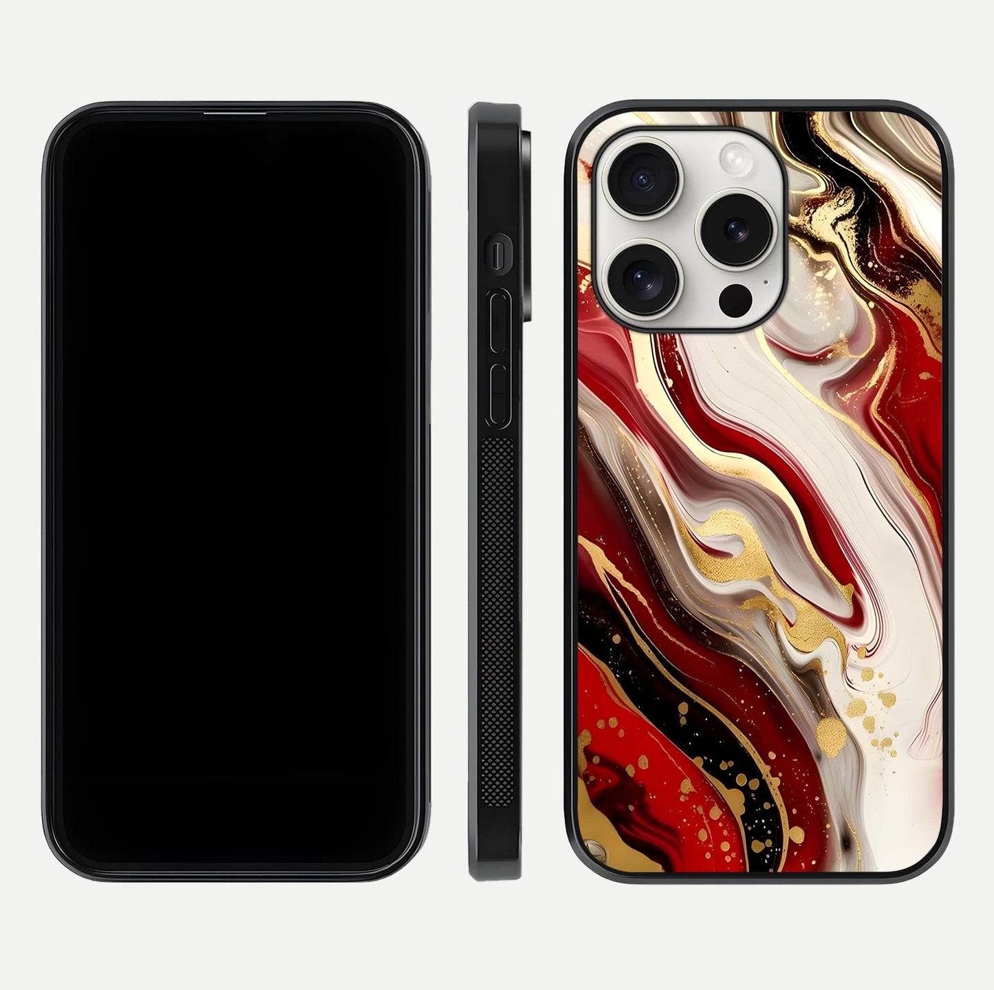 Red & White Marble Glass Case for iPhone 15 Pro Max front & back layout showing rich contrast and clean glass edges