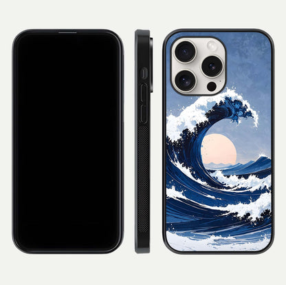 Rising Tide Power Glass Case for iPhone 15 Pro Max front & back layout showing ocean design and smooth glass edge