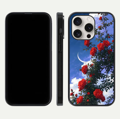 Rose Drift Flowers Glass Case for iPhone 15 Pro Max front & back layout showing rose gradient tones and edges