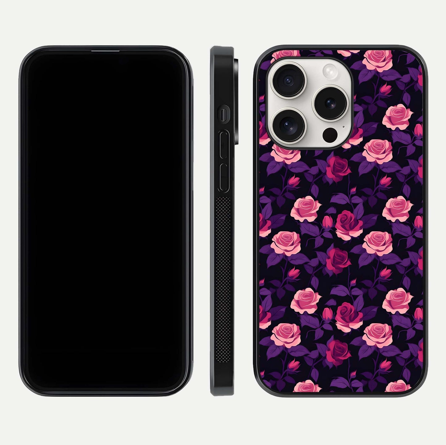 Rose Garden Twilight Glass Case for iPhone 15 Pro Max front & back layout showing rich twilight tones and edges