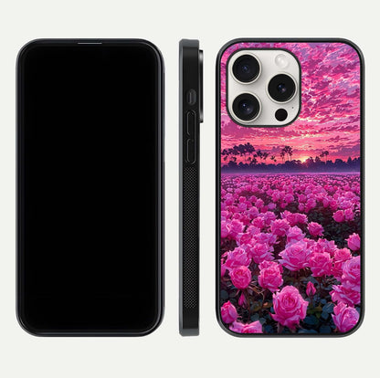 Rose Sunset Valley Glass Case for iPhone 15 Pro Max front & back layout highlighting gradient tones and glass shine