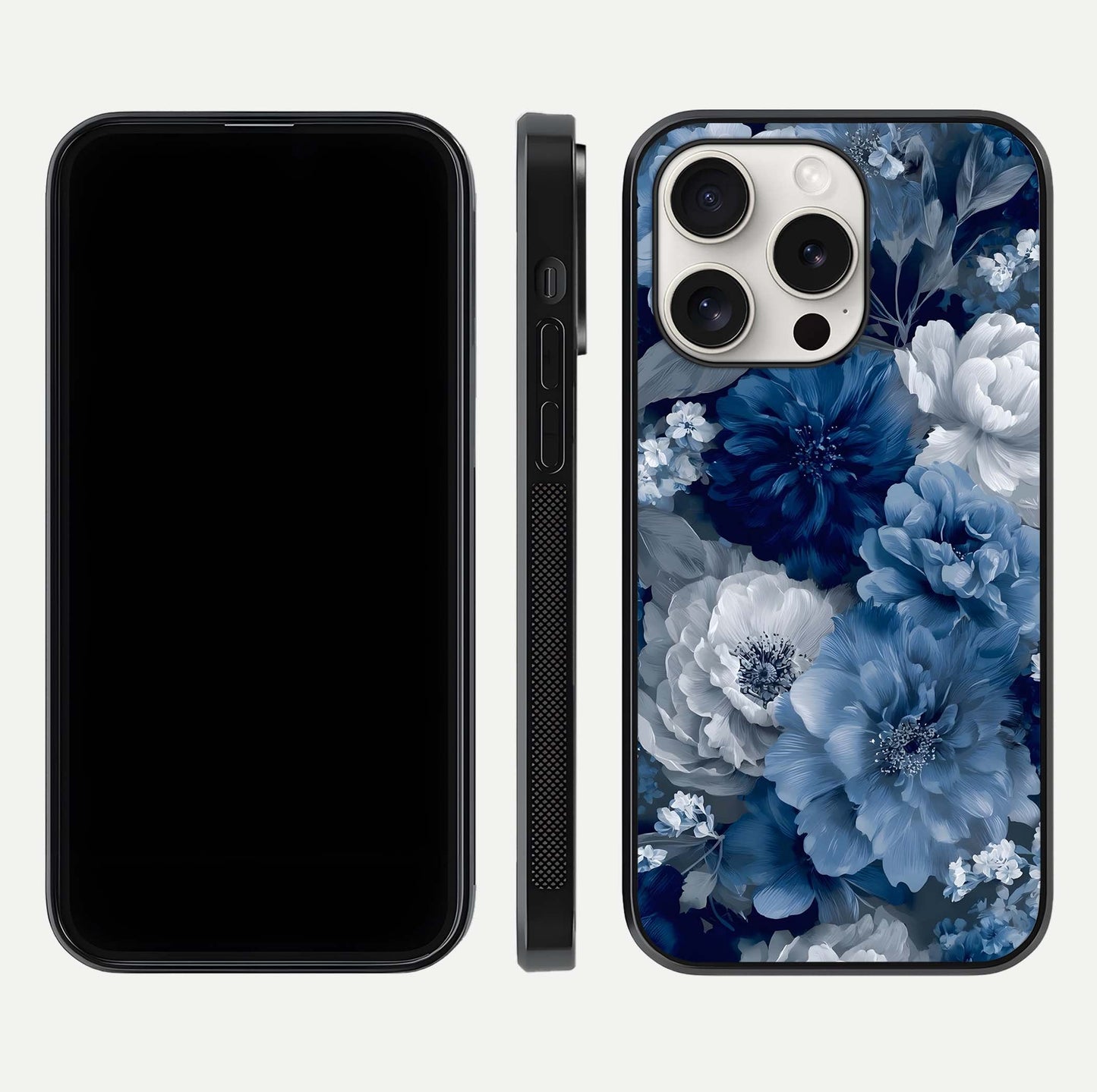 Royal Bloom Garden Glass Case for iPhone 15 Pro Max front & back layout showing soft tones and curved glass design