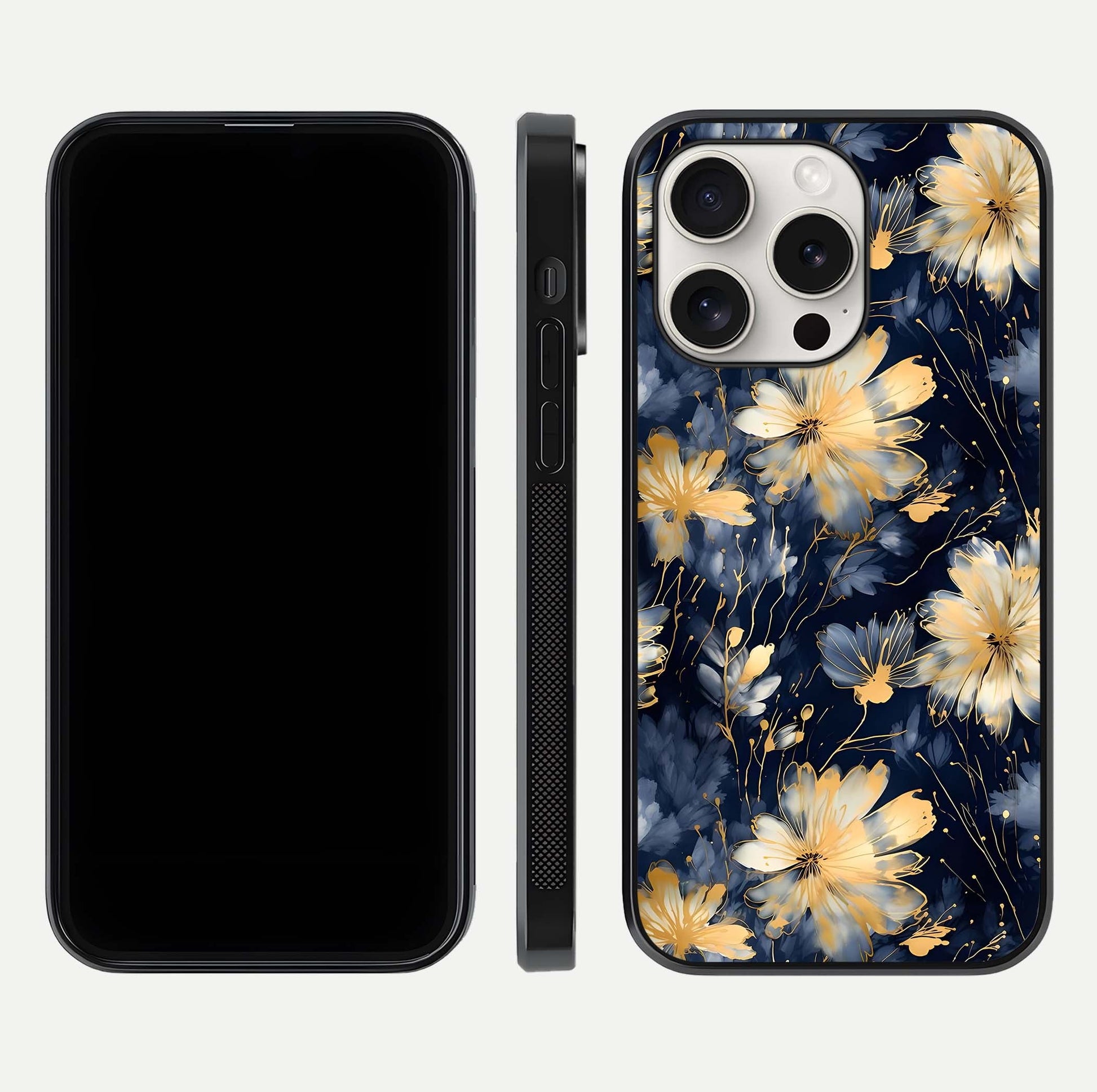 Royal Petal Dream Glass Case for iPhone 15 Pro Max front & back layout showing floral pattern and clean edge finish