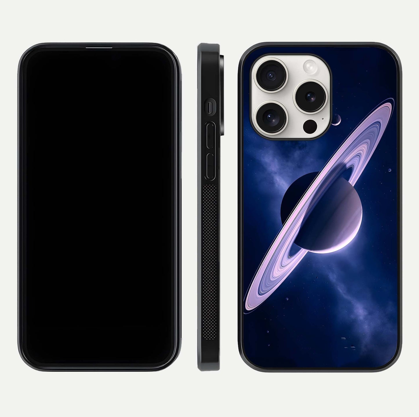 Saturn Ring Mystique Glass Case for iPhone 15 Pro Max front & back layout showing cosmic tones and edge glow