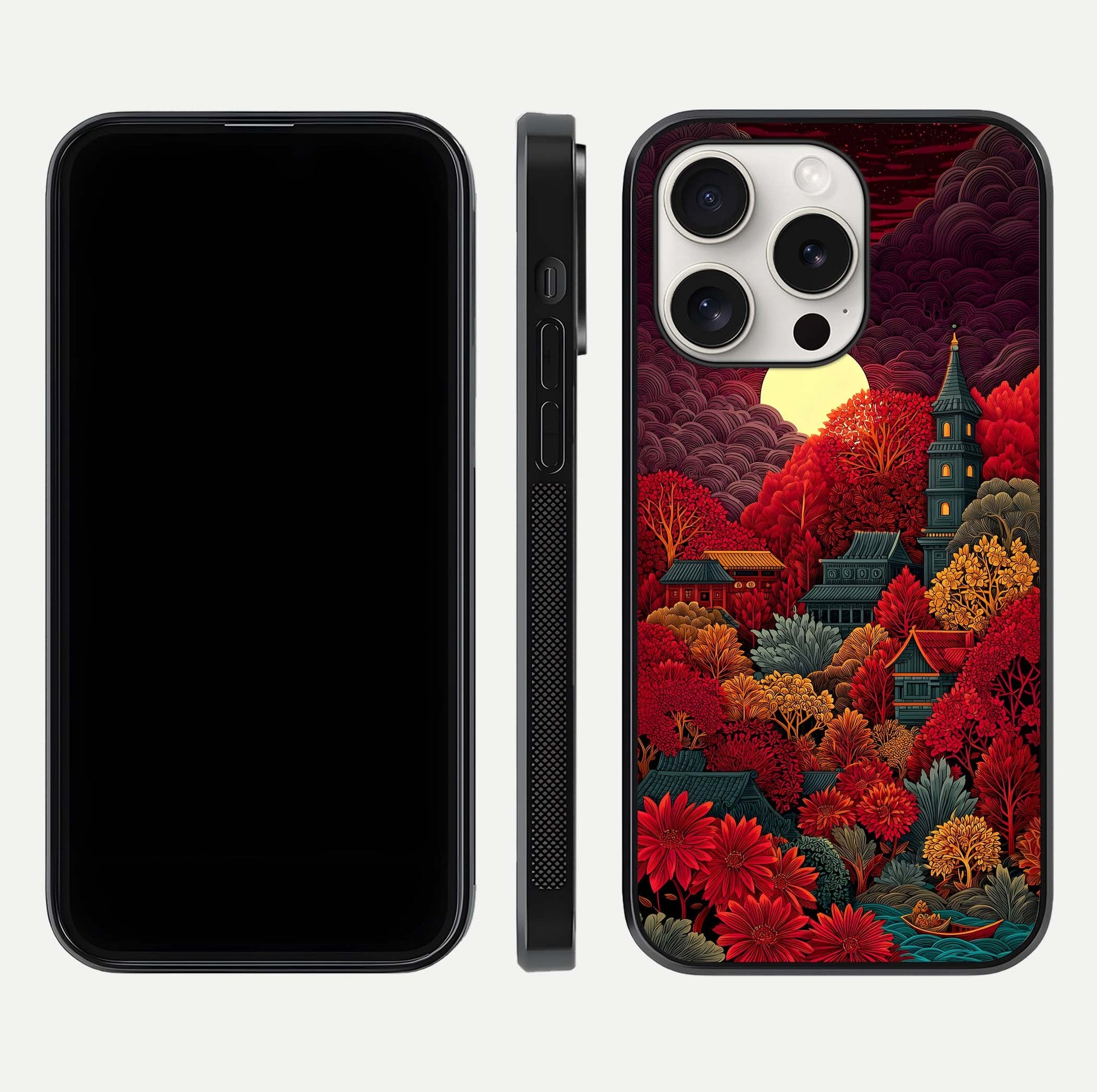 Scarlet Autumn Temple Glass Case for iPhone 15 Pro Max front & back layout showing scenic tones and curved edges