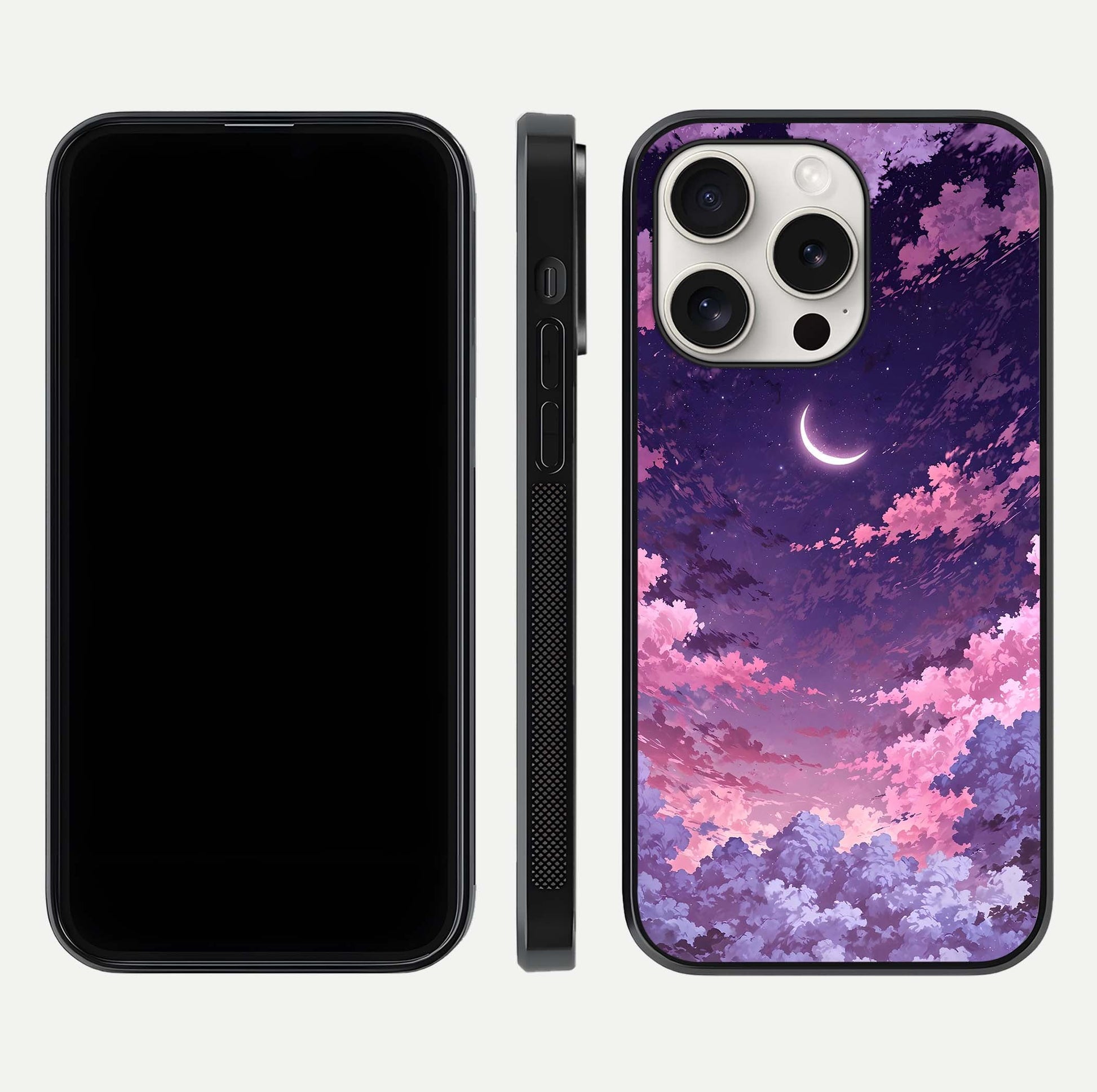 Sky Drift Clouds Glass Case for iPhone 15 Pro Max front & back layout showing sky tones and smooth edge design
