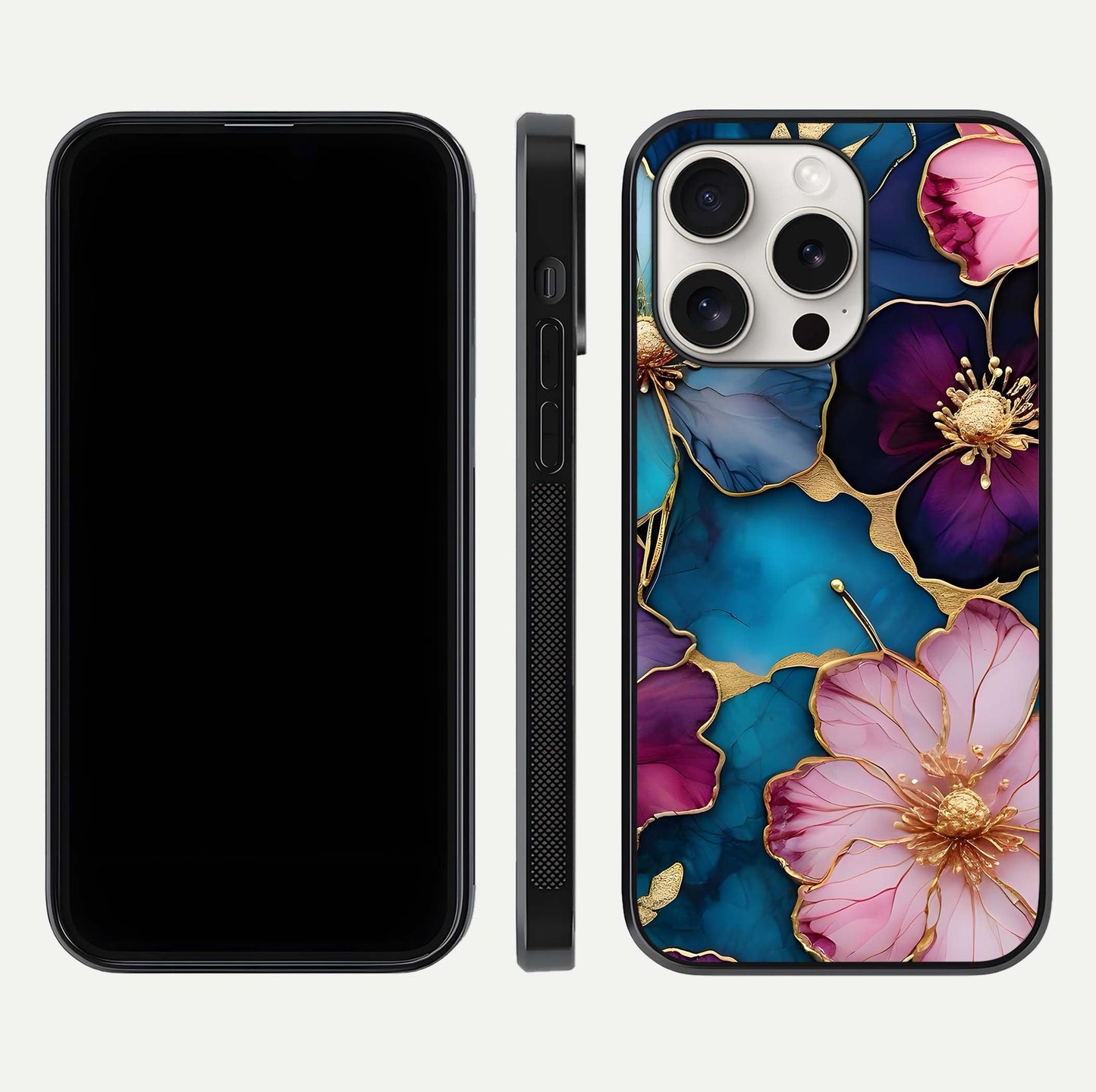 Sparkle Floral Glass Case for iPhone 15 Pro Max front & back layout showing floral print and edge clarity