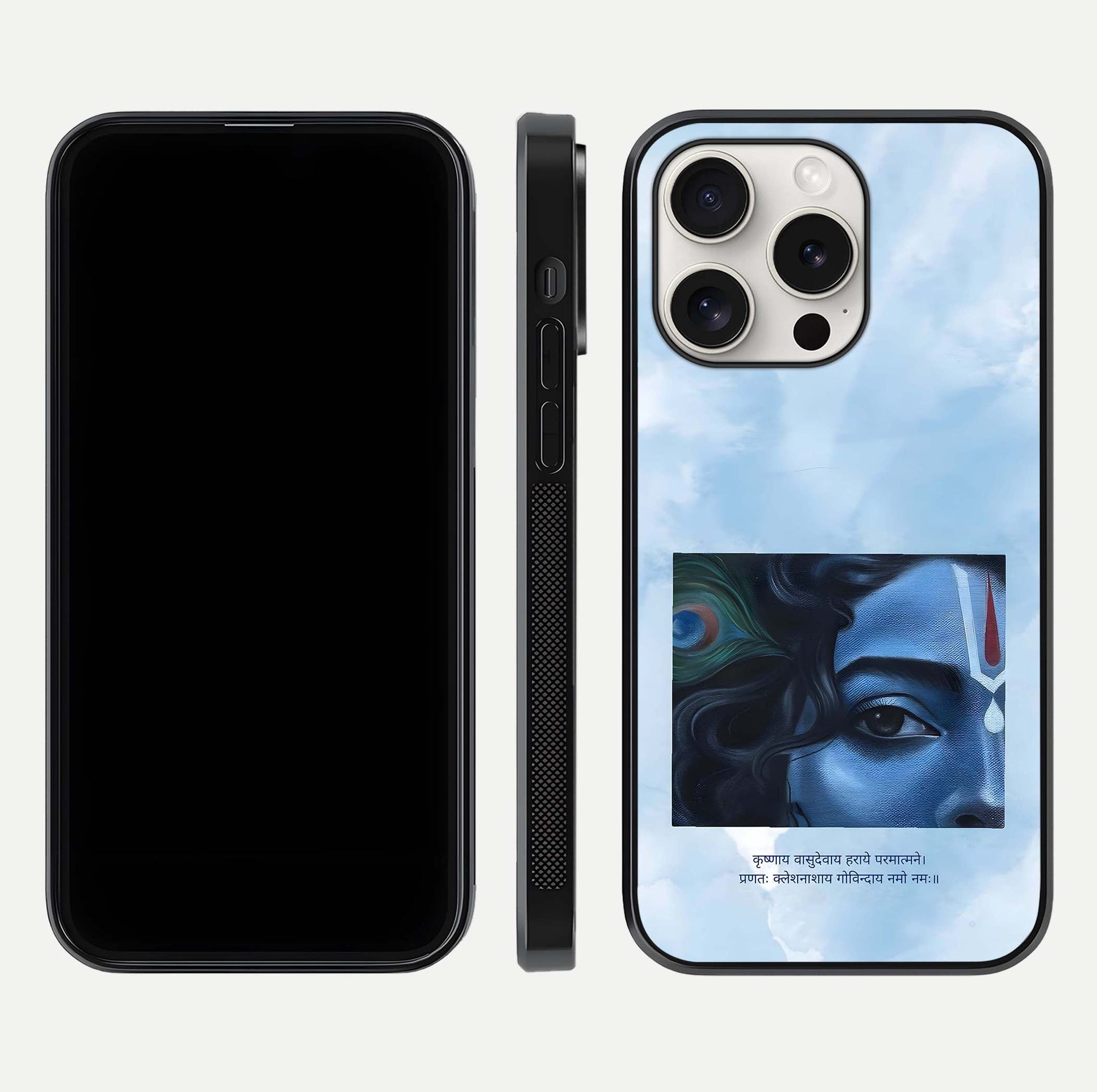 Spiritual Krishna Glass Case for iPhone 15 Pro Max front & back layout showing spiritual artwork and clean edge