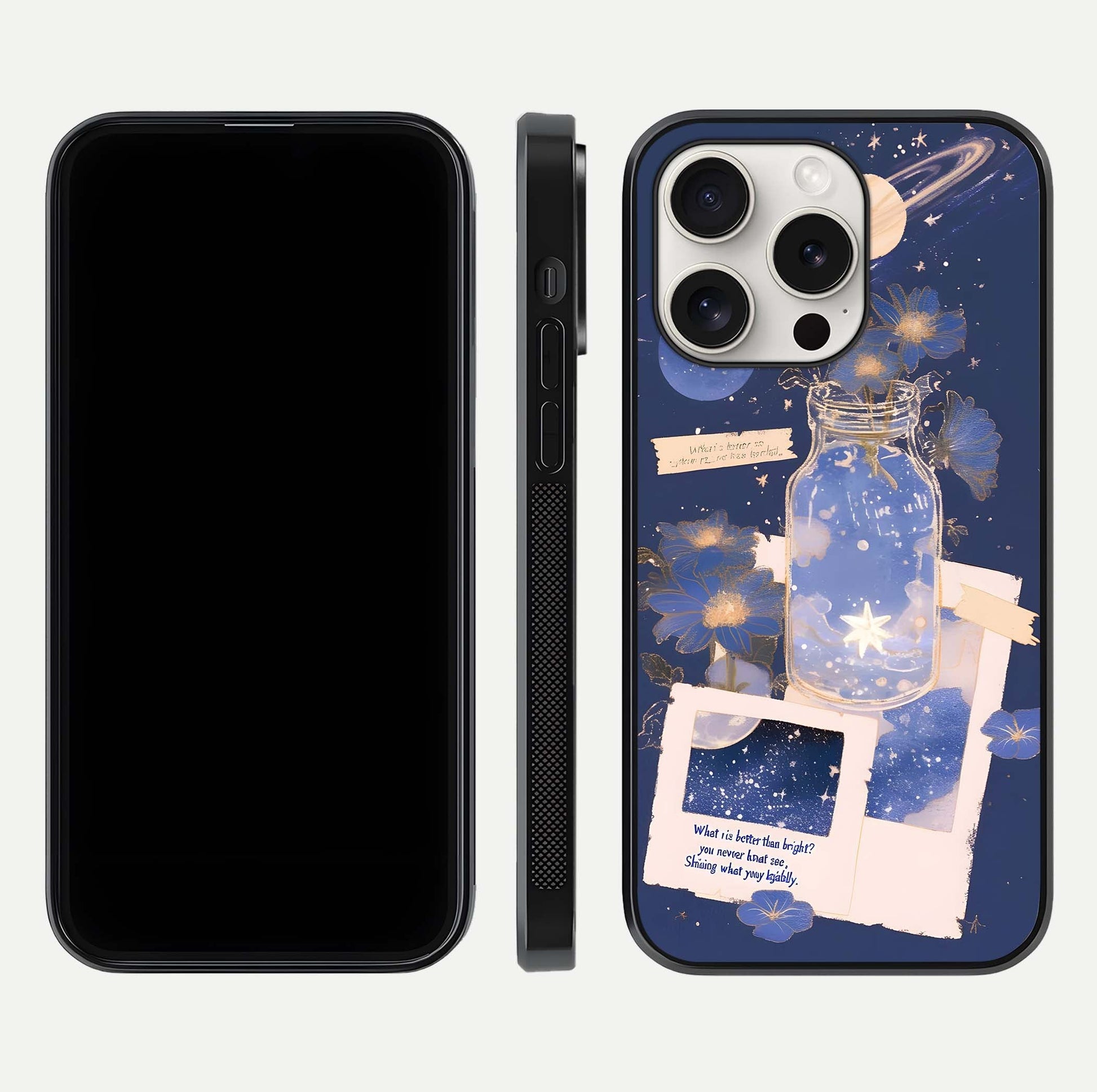 Starlit Cosmic Jar Glass Case for iPhone 15 Pro Max front & back layout showing cosmic pattern and curved glass edge