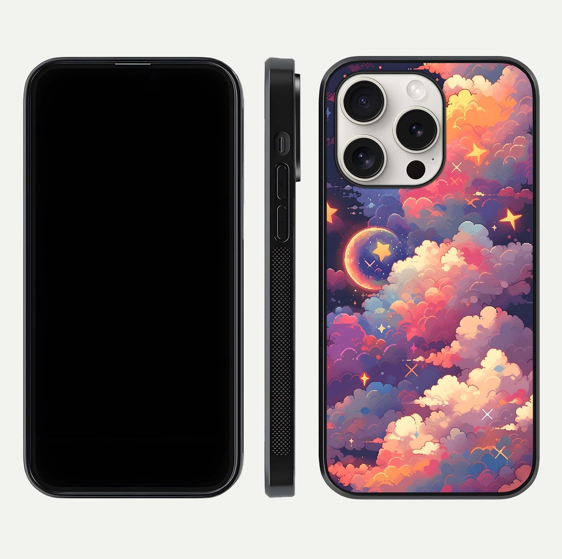 Starlit Dream Clouds Glass Case for iPhone 15 Pro Max front & back layout showing gradient tones and smooth edge