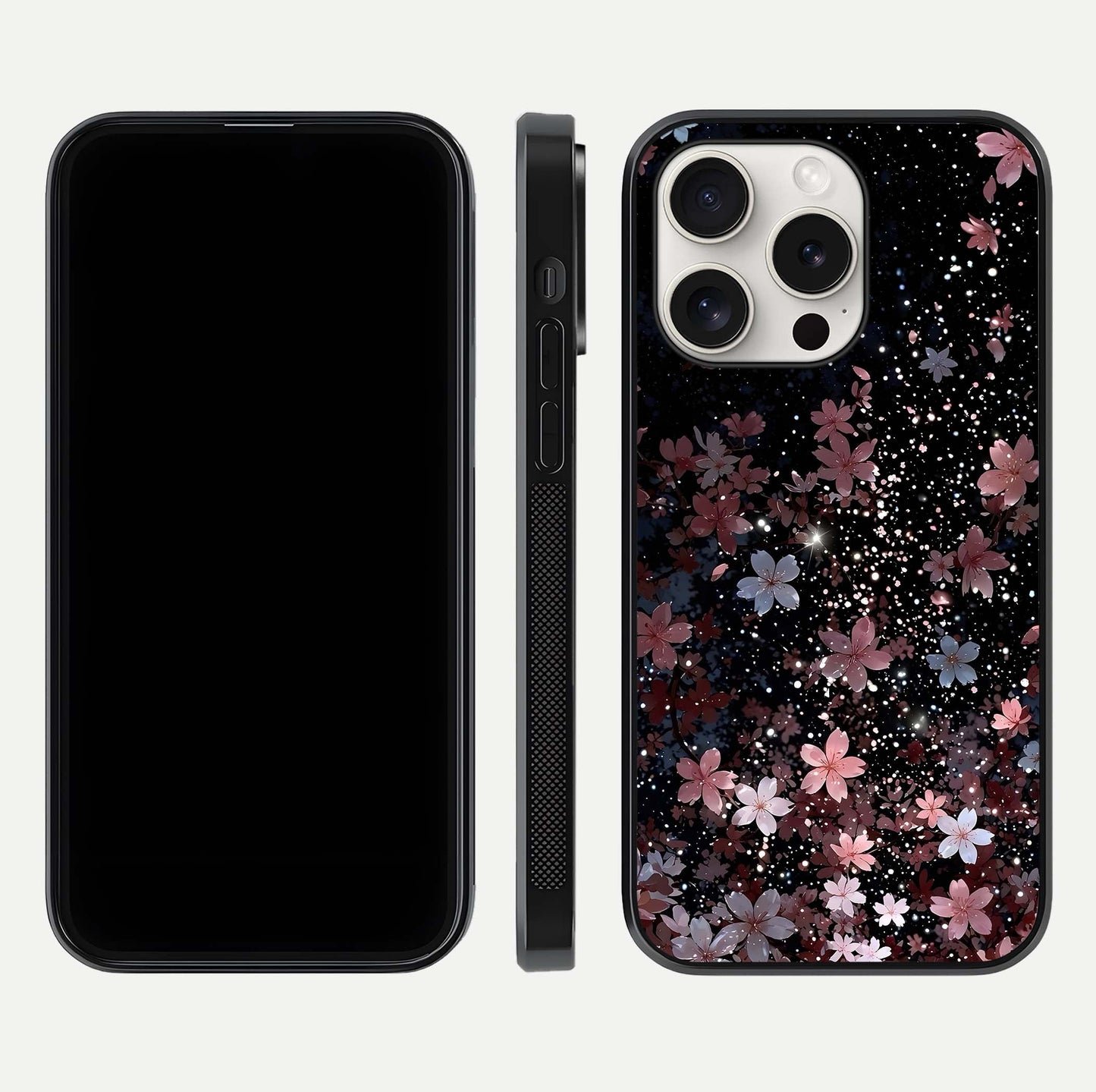 Starlit Flower Dreams Glass Case for iPhone 15 Pro Max front & back layout showing soft bloom design and curved edge