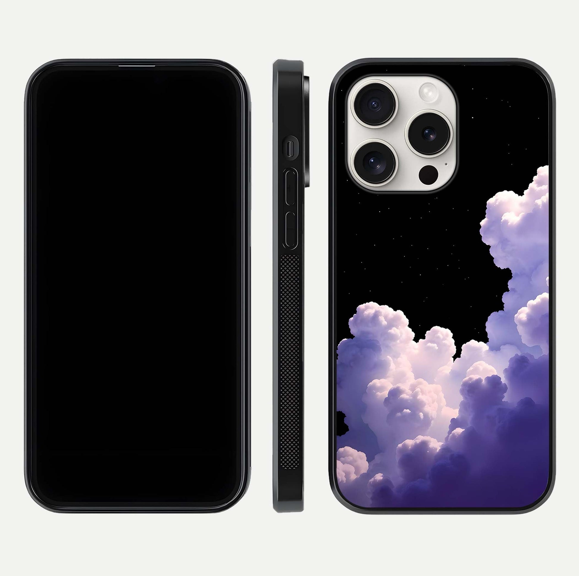 Starlit Night Whispers Glass Case for iPhone 15 Pro Max front & back layout showing moon tones and curved edges