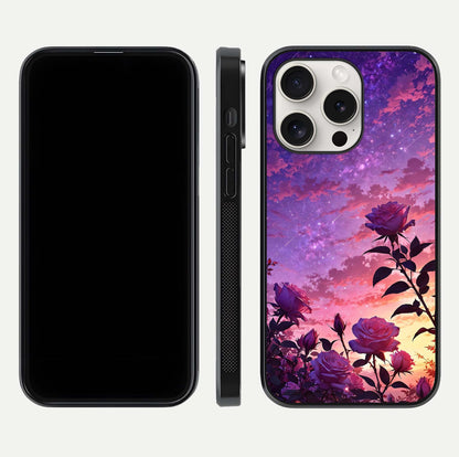 Starlit Rose Twilight Glass Case for iPhone 15 Pro Max front & back layout showing floral blend and glossy edge