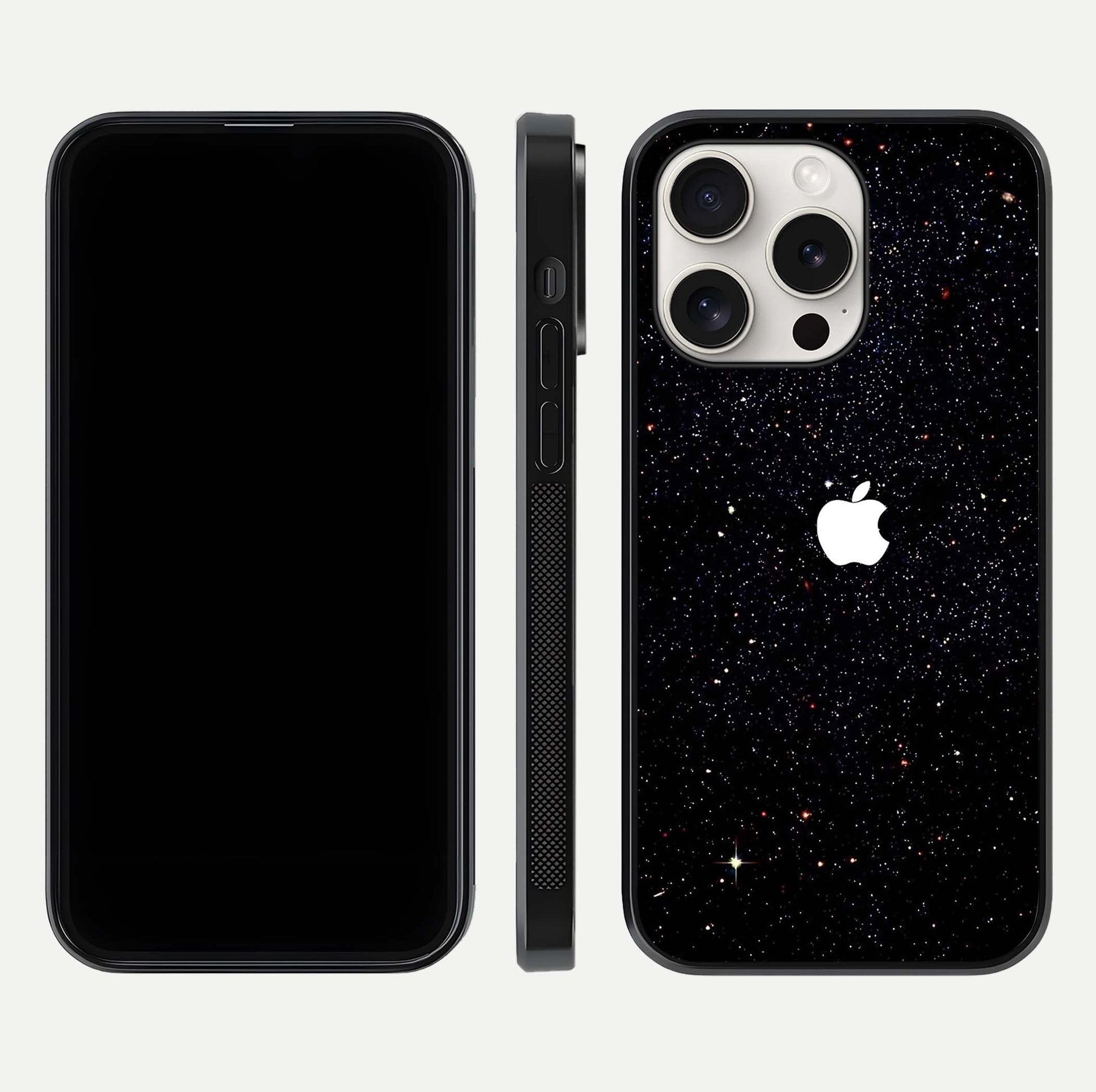 Starry Apple Galaxy Glass Case for iPhone 15 Pro Max front & back layout showing cosmic tones and sleek edge