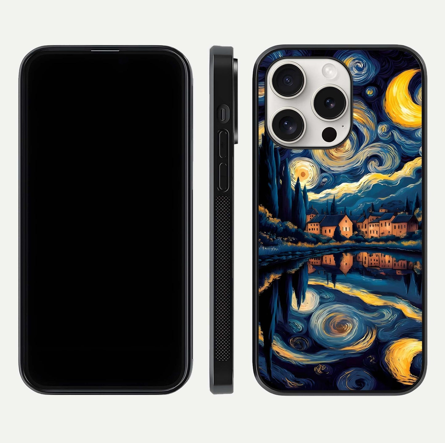 Starry Sky Serenity Glass Case for iPhone 15 Pro Max front & back layout showing stars and curved glass edges