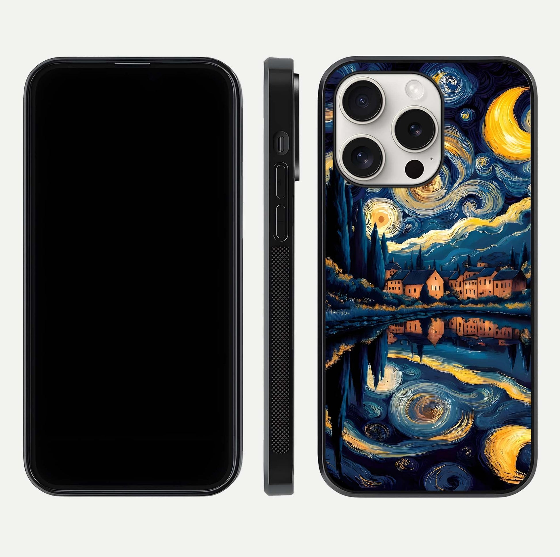 Starry Sky Serenity Glass Case for iPhone 15 Pro Max front & back layout showing stars and curved glass edges