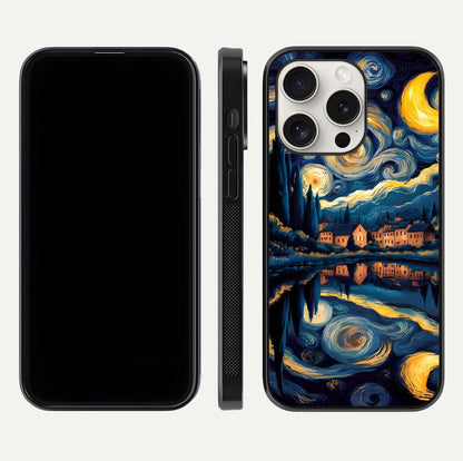 Starry Sky Serenity Glass Case for iPhone 15 Pro Max front & back layout showing stars and curved glass edges