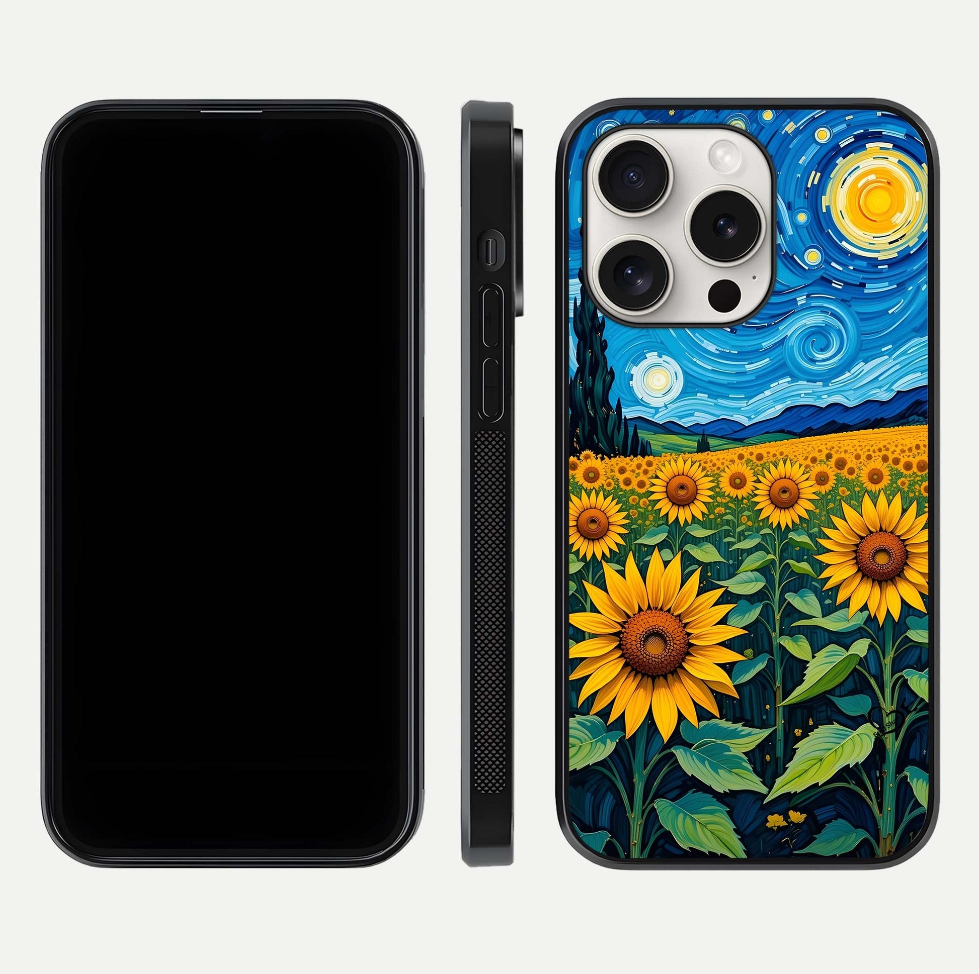 Starry Sunflower Dreams Glass Case for iPhone 15 Pro Max front & back layout showing floral blend and edge detail