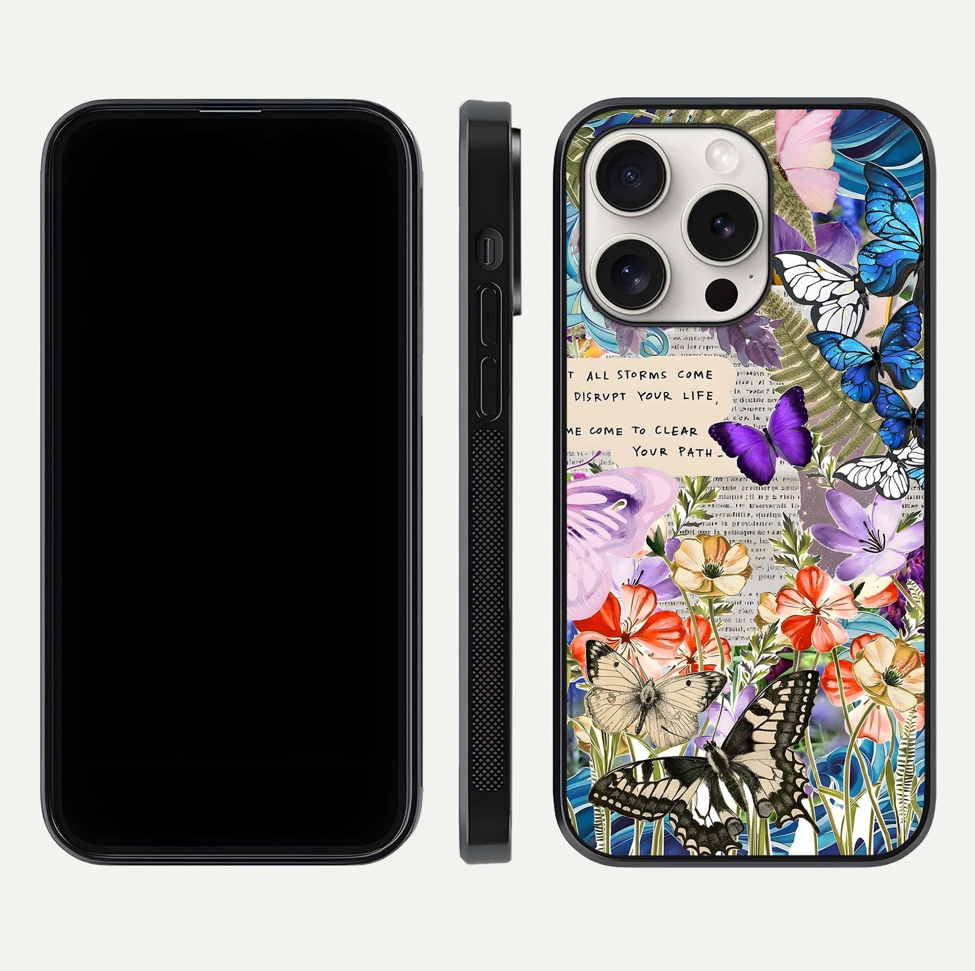 Storm Path Bloom Glass Case for iPhone 15 Pro Max front & back layout showing moody floral blend and edges