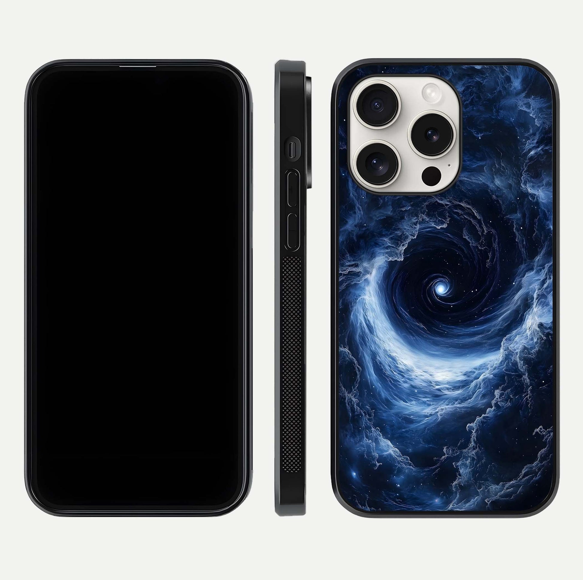 Stunning Galaxy Glass Case for iPhone 15 Pro Max front & back layout showing deep cosmic hues and clean edges