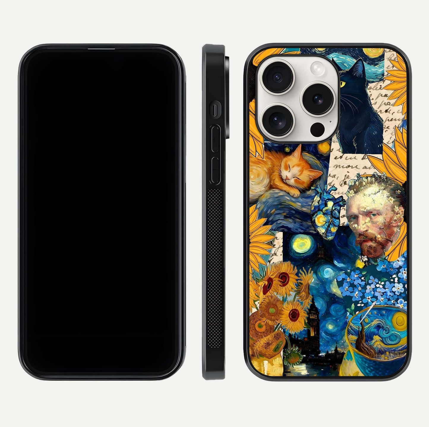 Sunflower Cat Art Glass Case for iPhone 15 Pro Max front & back layout showing detailed floral cat design and edges