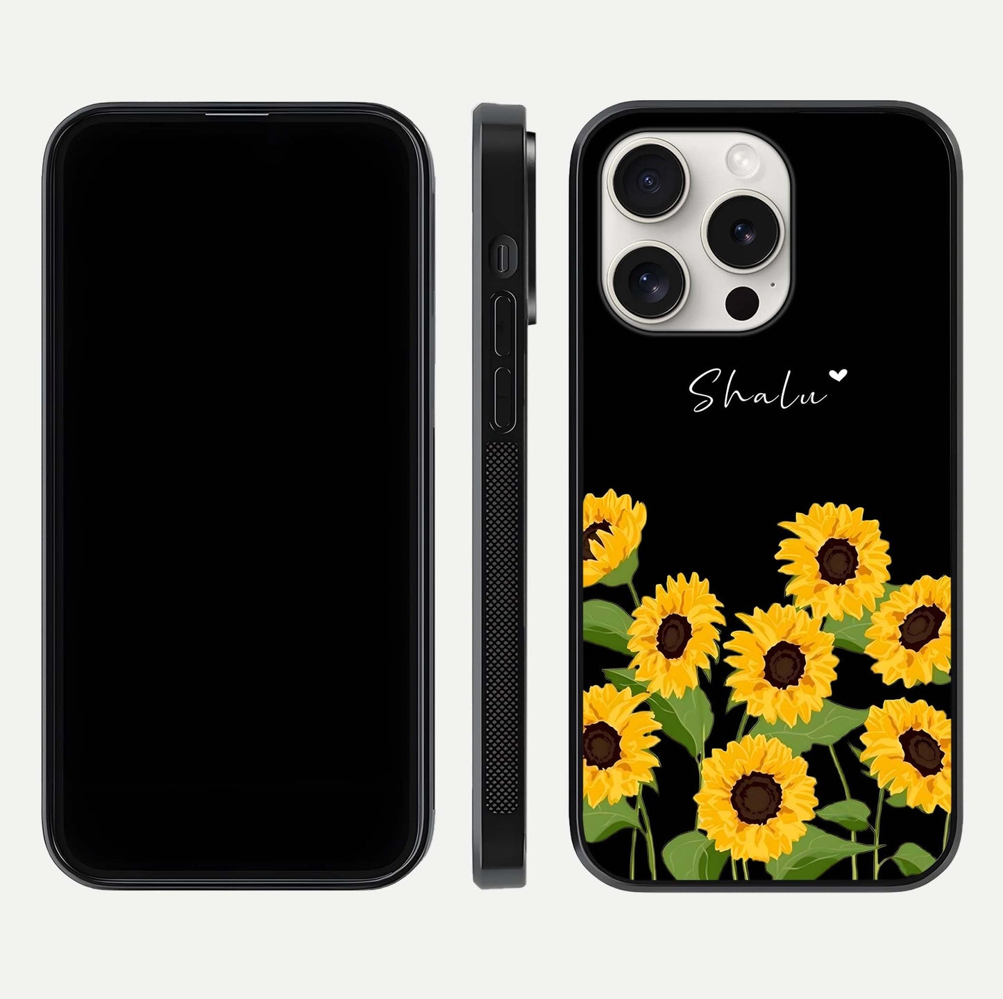 Sunflower Chic Mood Custom Name Glass Case for iPhone 15 Pro Max front & back layout highlighting custom text zone and shine