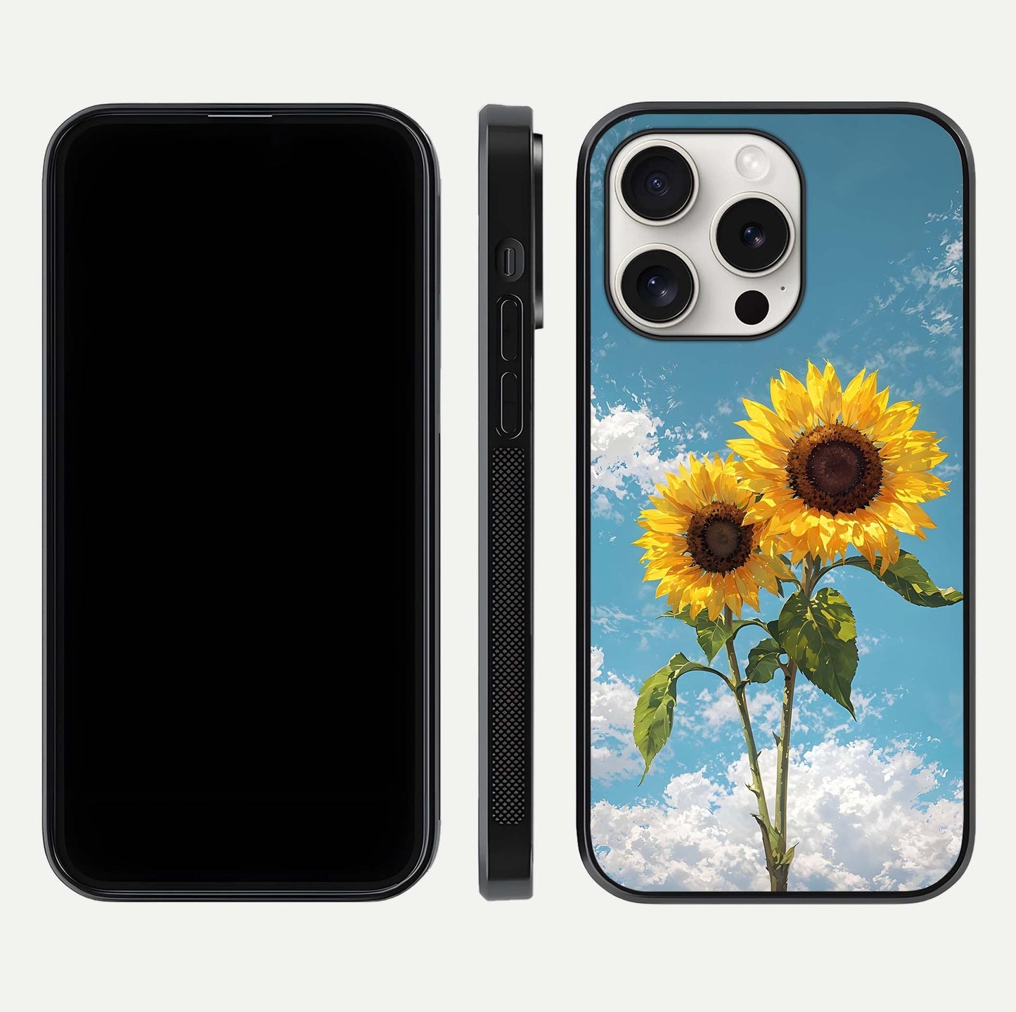 Sunflower Sky Bloom Glass Case for iPhone 15 Pro Max front & back layout showing soft blue tones and flower contrast