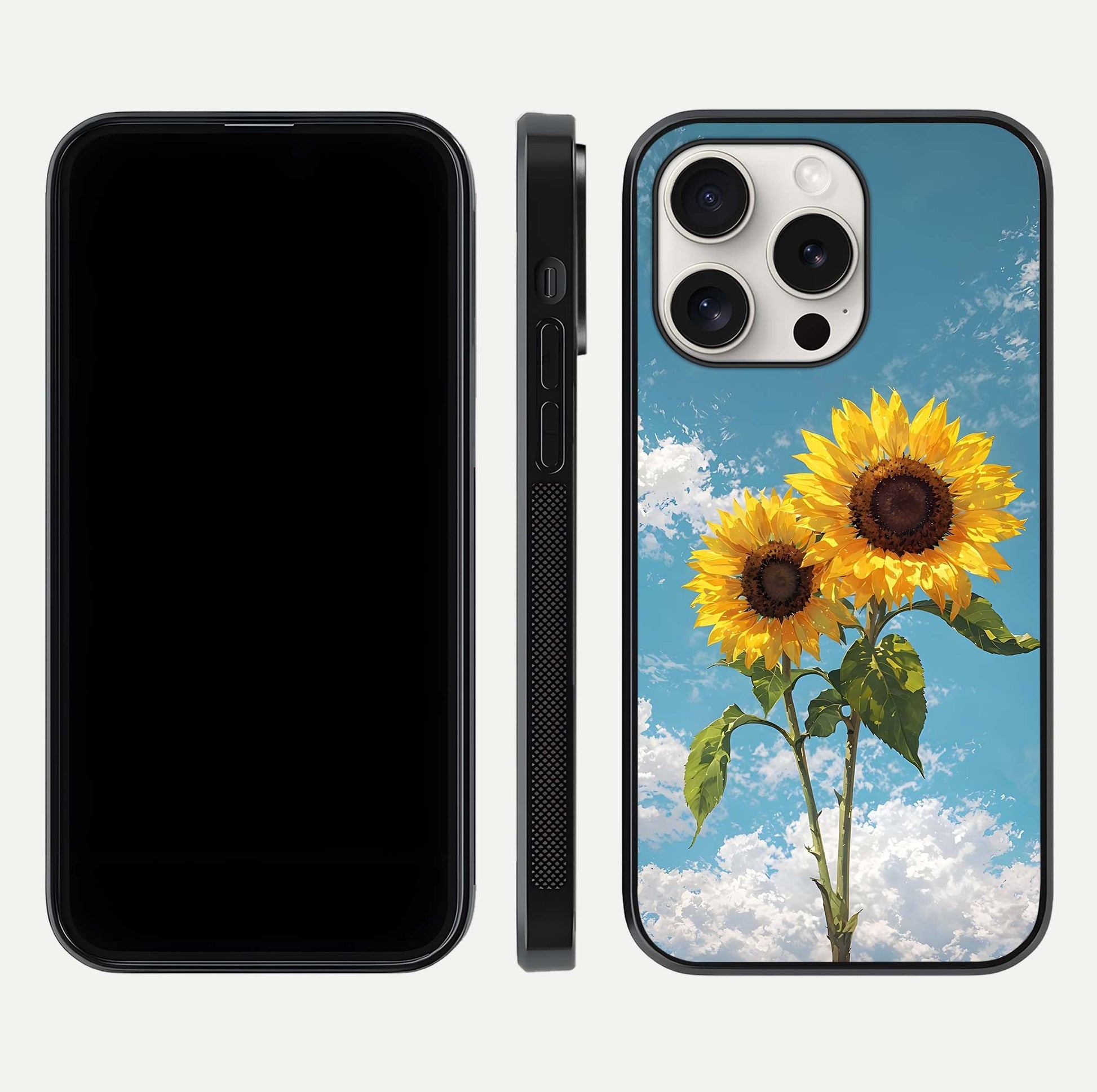 Sunflower Sky Bloom Glass Case for iPhone 15 Pro Max front & back layout showing soft blue tones and flower contrast