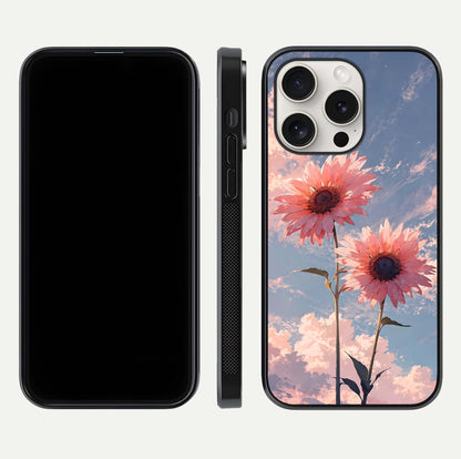 Sunlit Daisy Glow Glass Case for iPhone 15 Pro Max front & back layout showing vibrant sunlight hues and clean edge