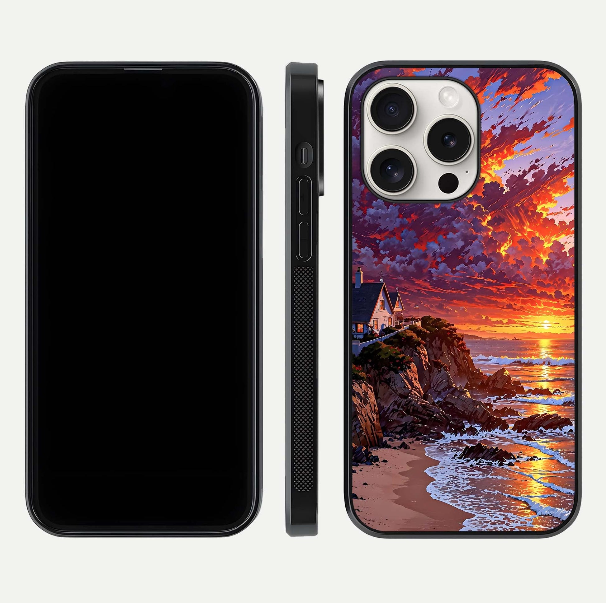 Sunset House by Sea Glass Case for iPhone 15 Pro Max front & back layout showing scenic gradient and curved edge