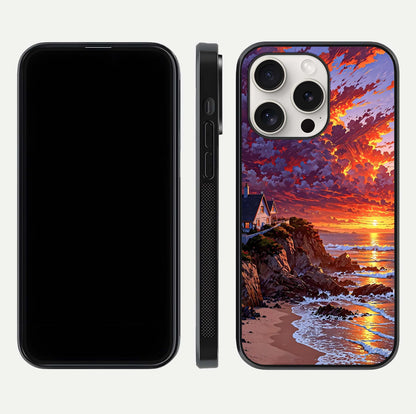 Sunset House by Sea Glass Case for iPhone 15 Pro Max front & back layout showing scenic gradient and curved edge