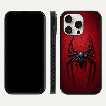 Venom Web Emblem Glass Case for iPhone 15 Pro Max front & back layout showing contrast art and curved glass edges
