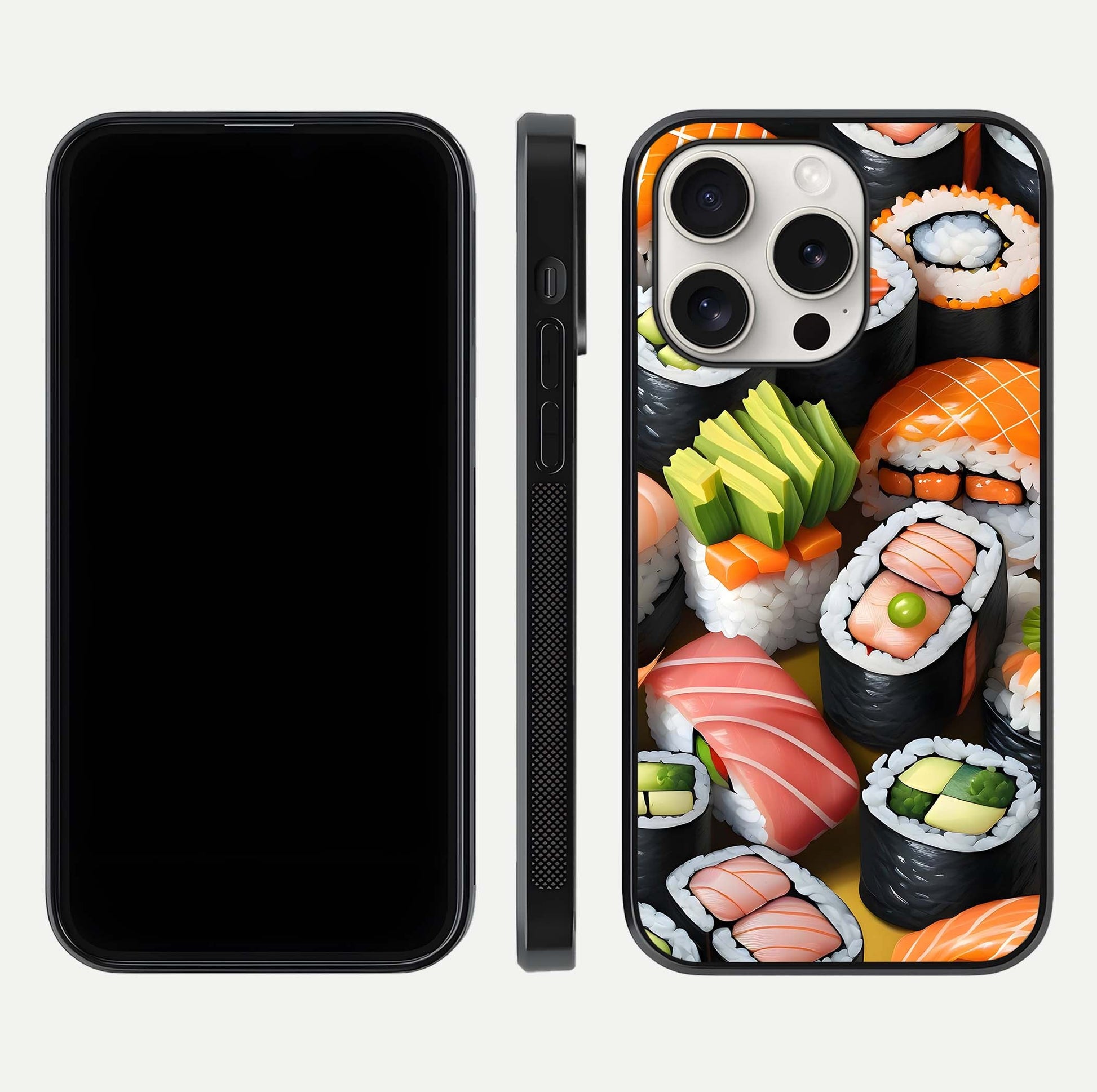 Sushi Food Pattern Glass Case for iPhone 15 Pro Max front & back layout showing playful food theme and clear edges