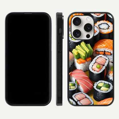 Sushi Food Pattern Glass Case for iPhone 15 Pro Max front & back layout showing playful food theme and clear edges