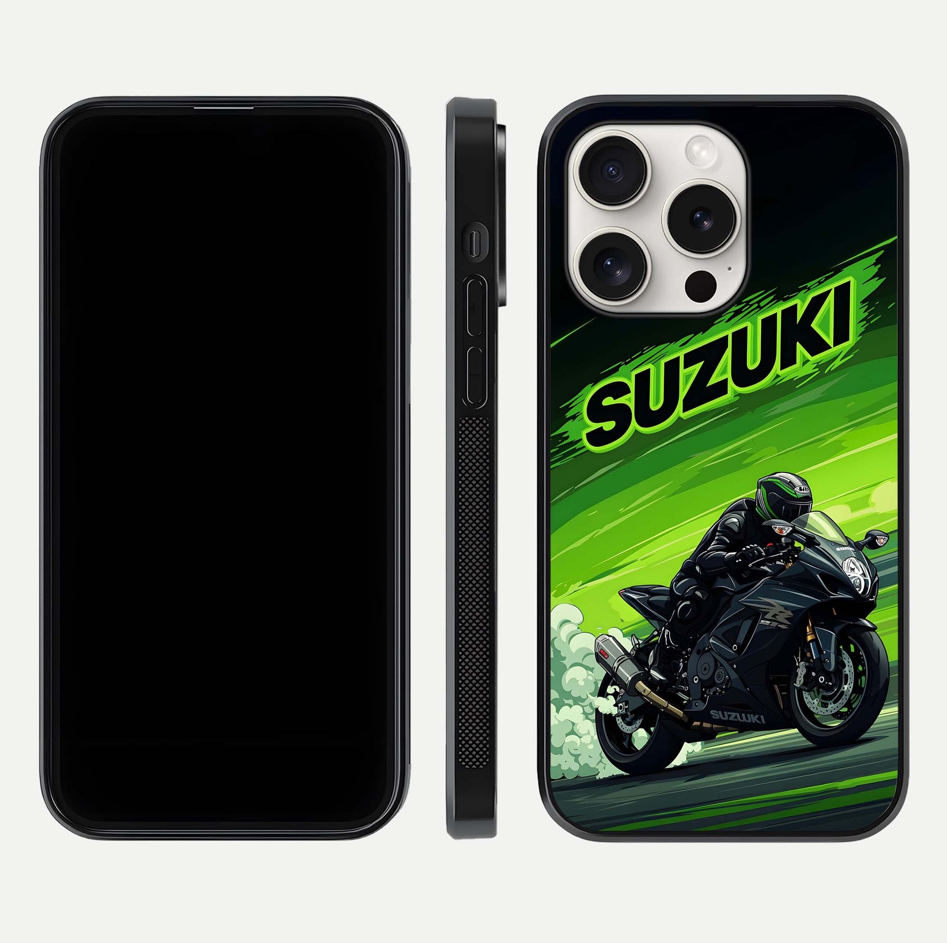 Suzuki Speed Beast Glass Case for iPhone 15 Pro Max front & back layout showing motion blur and sleek edges