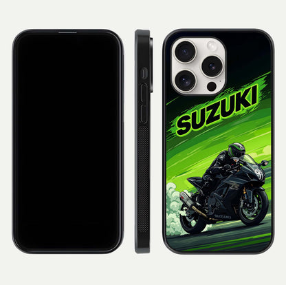 Suzuki Speed Beast Glass Case for iPhone 15 Pro Max front & back layout showing motion blur and sleek edges