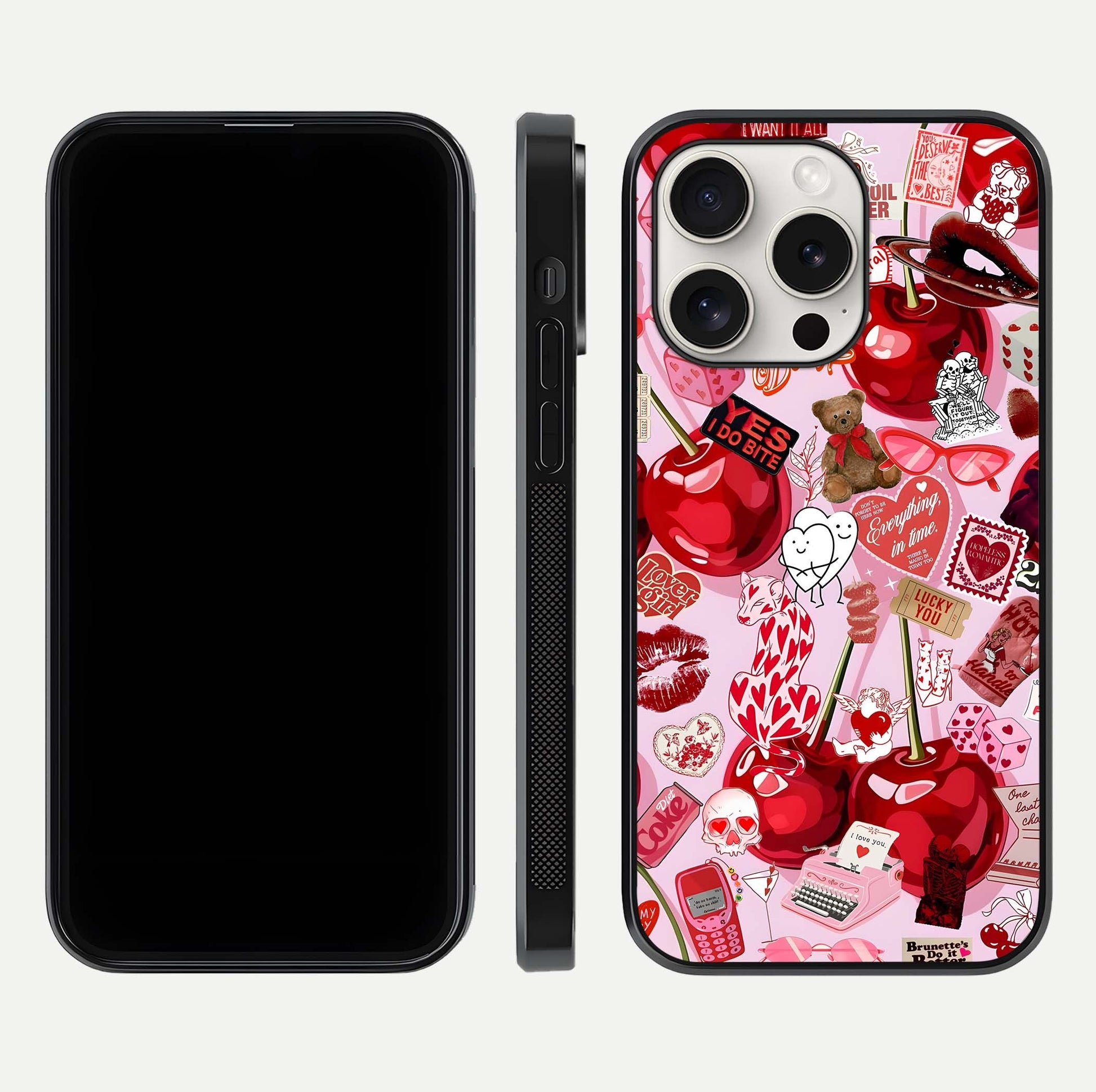 Sweet Cherry Chaos Glass Case for iPhone 15 Pro Max front & back layout showing vibrant cherries and smooth edges